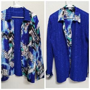 Reversible Cardigan Jacket Womens Large Blue Button Front Crinkle Dressy Pockets